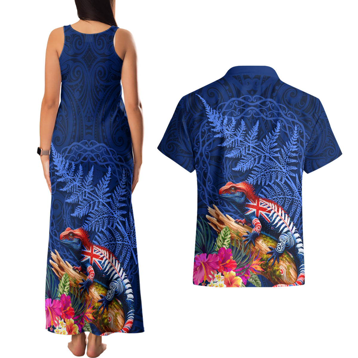 New Zealand Tuatara Couples Matching Tank Maxi Dress and Hawaiian Shirt Silver Fern Hibiscus and Tribal Maori Pattern Blue Color LT03 - Polynesian Pride
