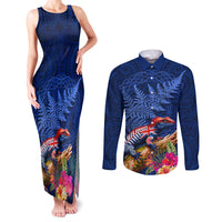 New Zealand Tuatara Couples Matching Tank Maxi Dress and Long Sleeve Button Shirt Silver Fern Hibiscus and Tribal Maori Pattern Blue Color LT03 Blue - Polynesian Pride