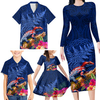 New Zealand Tuatara Family Matching Long Sleeve Bodycon Dress and Hawaiian Shirt Silver Fern Hibiscus and Tribal Maori Pattern Blue Color LT03 - Polynesian Pride