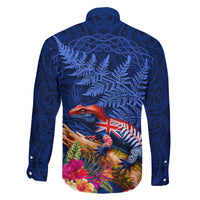 New Zealand Tuatara Family Matching Long Sleeve Bodycon Dress and Hawaiian Shirt Silver Fern Hibiscus and Tribal Maori Pattern Blue Color LT03 - Polynesian Pride