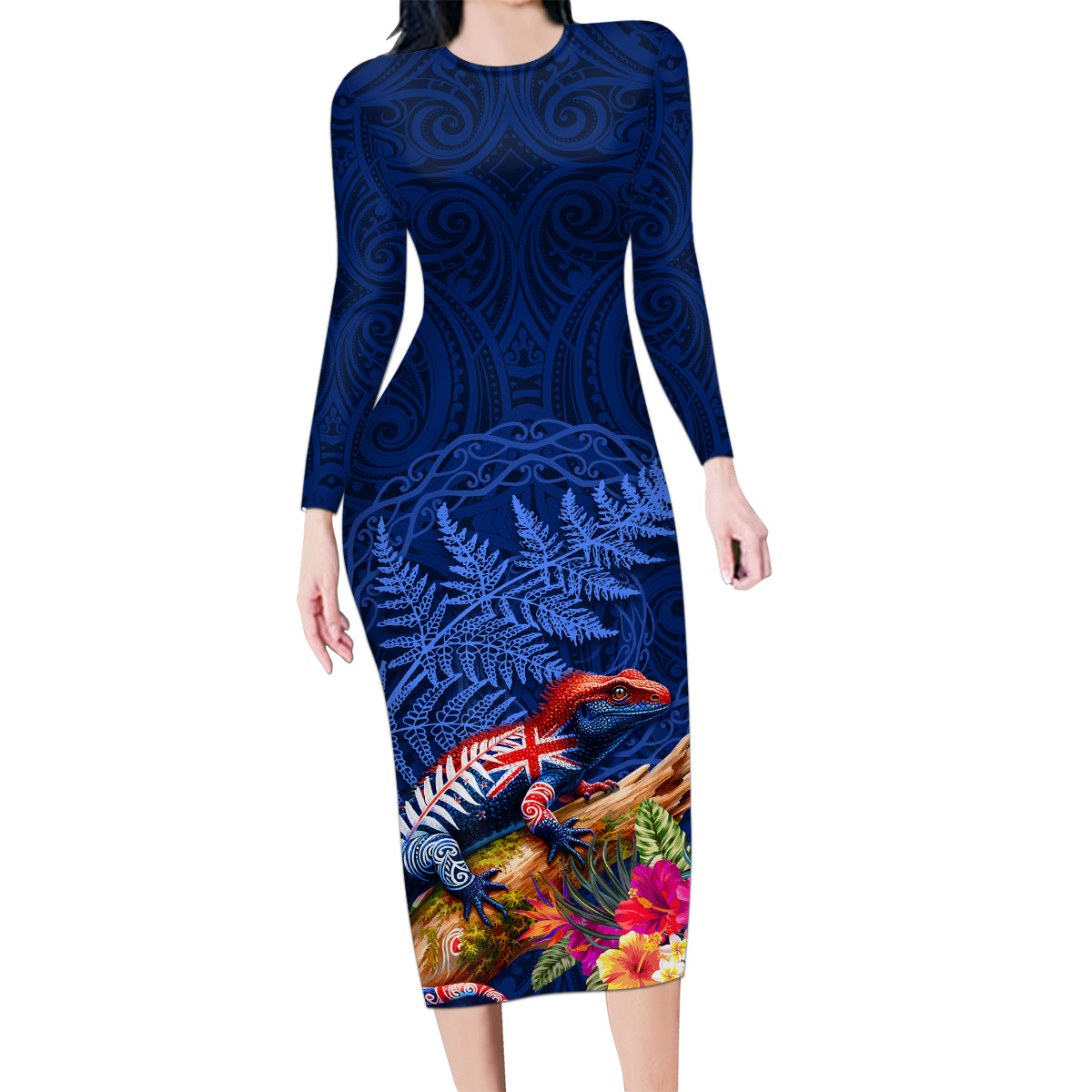 New Zealand Tuatara Family Matching Long Sleeve Bodycon Dress and Hawaiian Shirt Silver Fern Hibiscus and Tribal Maori Pattern Blue Color LT03 Mom's Dress Blue - Polynesian Pride