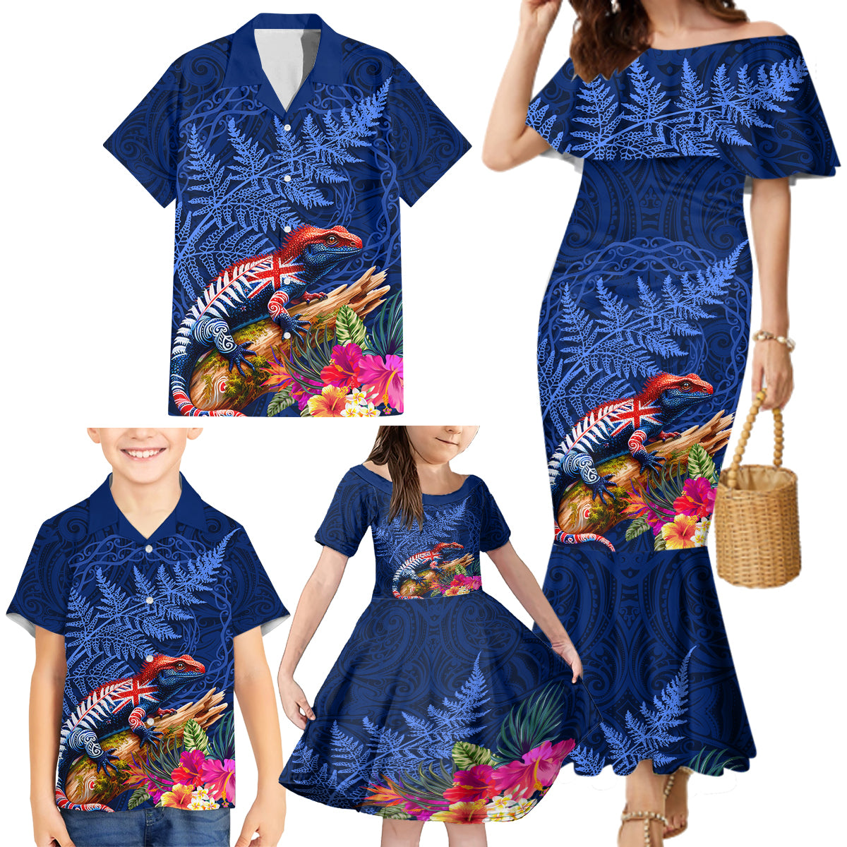 New Zealand Tuatara Family Matching Mermaid Dress and Hawaiian Shirt Silver Fern Hibiscus and Tribal Maori Pattern Blue Color LT03 - Polynesian Pride