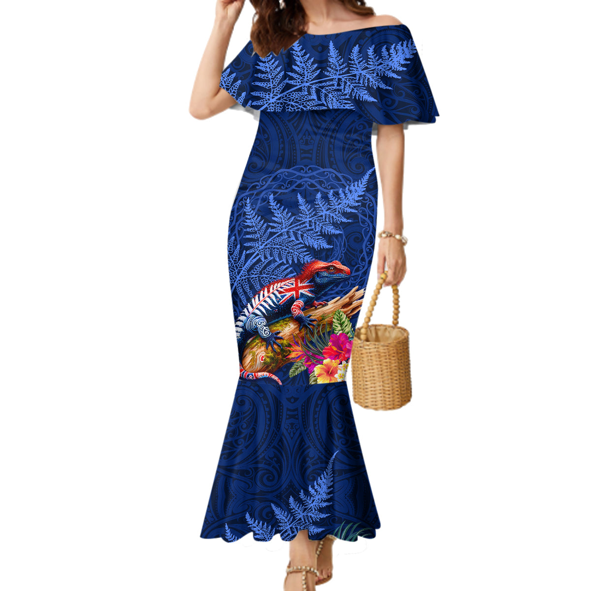 New Zealand Tuatara Family Matching Mermaid Dress and Hawaiian Shirt Silver Fern Hibiscus and Tribal Maori Pattern Blue Color LT03 Mom's Dress Blue - Polynesian Pride