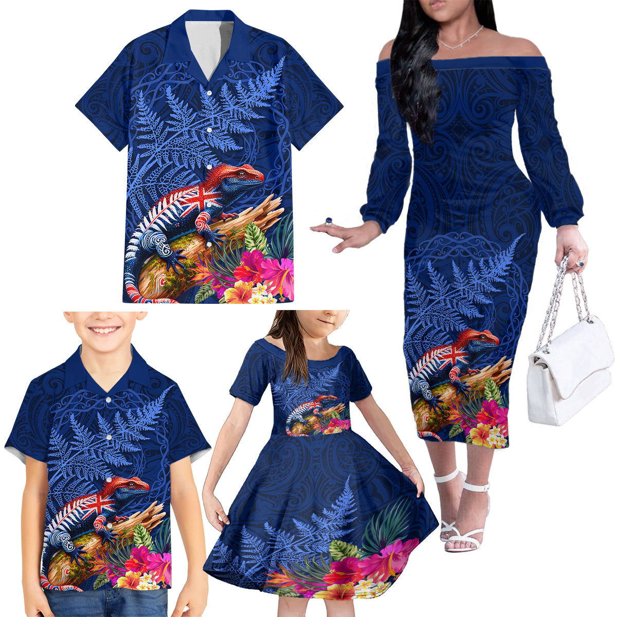 New Zealand Tuatara Family Matching Off The Shoulder Long Sleeve Dress and Hawaiian Shirt Silver Fern Hibiscus and Tribal Maori Pattern Blue Color LT03 - Polynesian Pride
