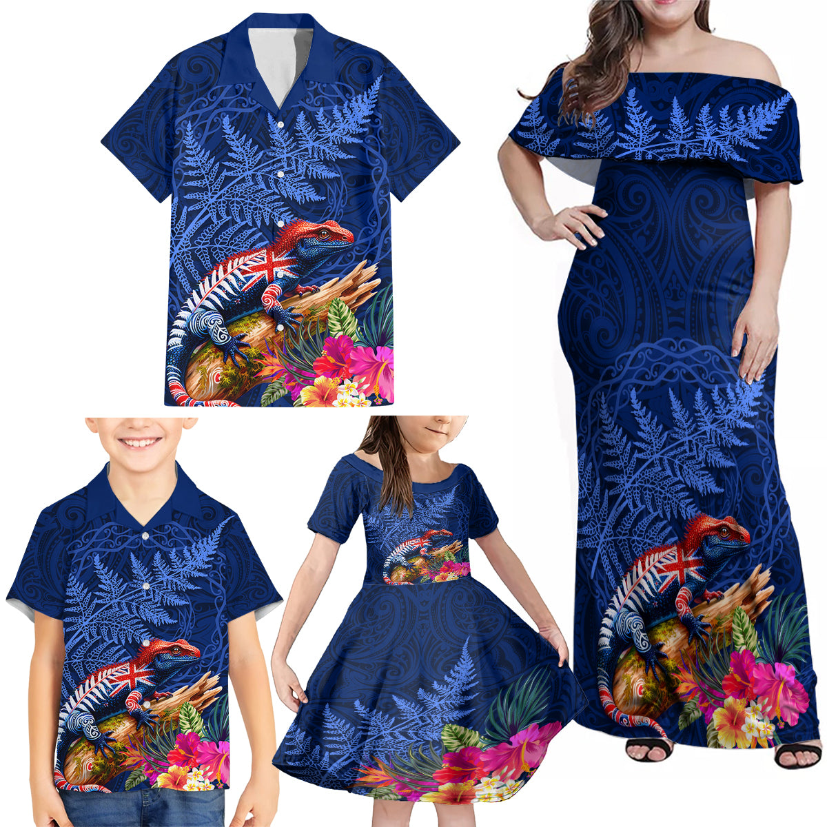New Zealand Tuatara Family Matching Off Shoulder Maxi Dress and Hawaiian Shirt Silver Fern Hibiscus and Tribal Maori Pattern Blue Color LT03 - Polynesian Pride