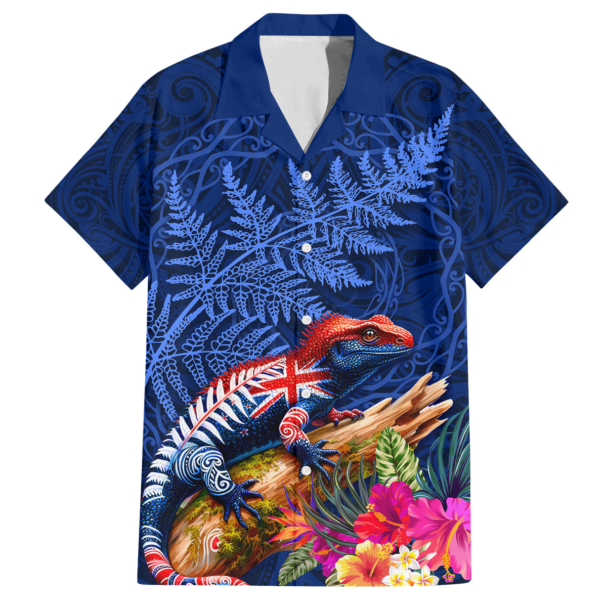 New Zealand Tuatara Family Matching Off Shoulder Maxi Dress and Hawaiian Shirt Silver Fern Hibiscus and Tribal Maori Pattern Blue Color LT03 Dad's Shirt - Short Sleeve Blue - Polynesian Pride