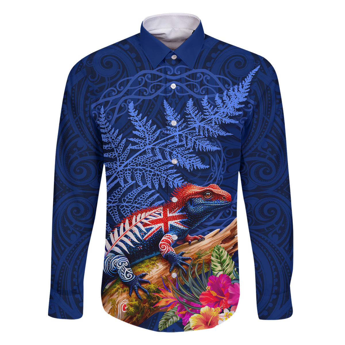 New Zealand Tuatara Family Matching Off Shoulder Maxi Dress and Hawaiian Shirt Silver Fern Hibiscus and Tribal Maori Pattern Blue Color LT03 Dad's Shirt - Long Sleeve Blue - Polynesian Pride