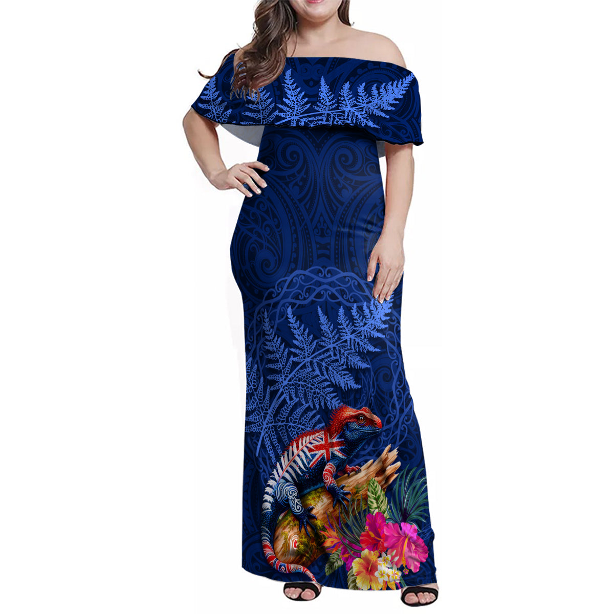 New Zealand Tuatara Family Matching Off Shoulder Maxi Dress and Hawaiian Shirt Silver Fern Hibiscus and Tribal Maori Pattern Blue Color LT03 Mom's Dress Blue - Polynesian Pride