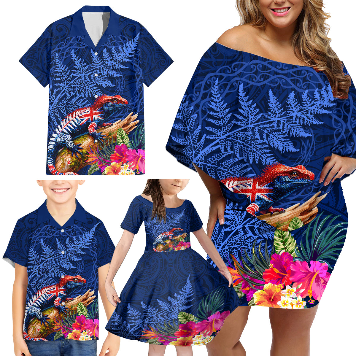 New Zealand Tuatara Family Matching Off Shoulder Short Dress and Hawaiian Shirt Silver Fern Hibiscus and Tribal Maori Pattern Blue Color LT03 - Polynesian Pride