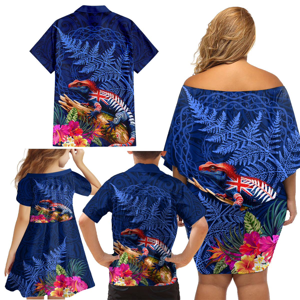 New Zealand Tuatara Family Matching Off Shoulder Short Dress and Hawaiian Shirt Silver Fern Hibiscus and Tribal Maori Pattern Blue Color LT03 - Polynesian Pride