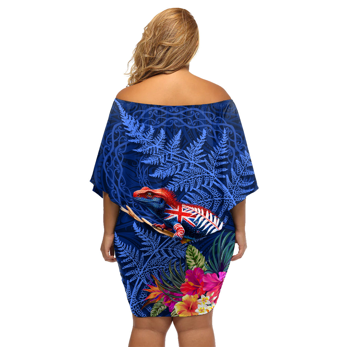 New Zealand Tuatara Family Matching Off Shoulder Short Dress and Hawaiian Shirt Silver Fern Hibiscus and Tribal Maori Pattern Blue Color LT03 - Polynesian Pride