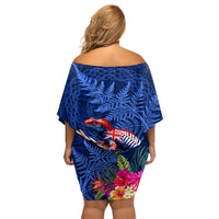 New Zealand Tuatara Family Matching Off Shoulder Short Dress and Hawaiian Shirt Silver Fern Hibiscus and Tribal Maori Pattern Blue Color LT03 - Polynesian Pride
