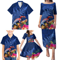 New Zealand Tuatara Family Matching Puletasi and Hawaiian Shirt Silver Fern Hibiscus and Tribal Maori Pattern Blue Color LT03 - Polynesian Pride