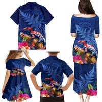 New Zealand Tuatara Family Matching Puletasi and Hawaiian Shirt Silver Fern Hibiscus and Tribal Maori Pattern Blue Color LT03 - Polynesian Pride