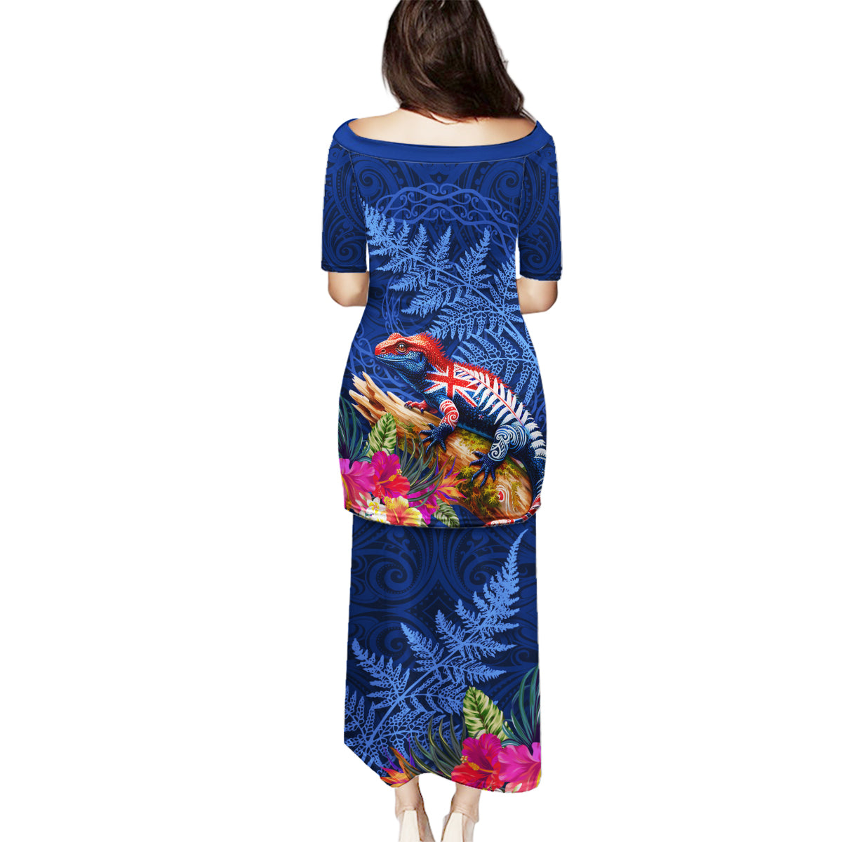 New Zealand Tuatara Family Matching Puletasi and Hawaiian Shirt Silver Fern Hibiscus and Tribal Maori Pattern Blue Color LT03 - Polynesian Pride