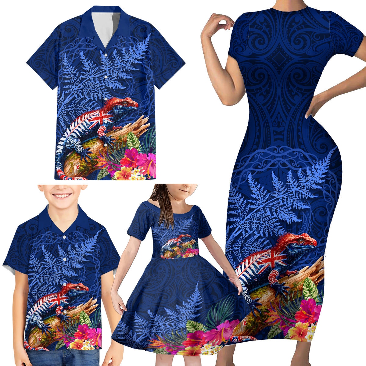 New Zealand Tuatara Family Matching Short Sleeve Bodycon Dress and Hawaiian Shirt Silver Fern Hibiscus and Tribal Maori Pattern Blue Color LT03 - Polynesian Pride