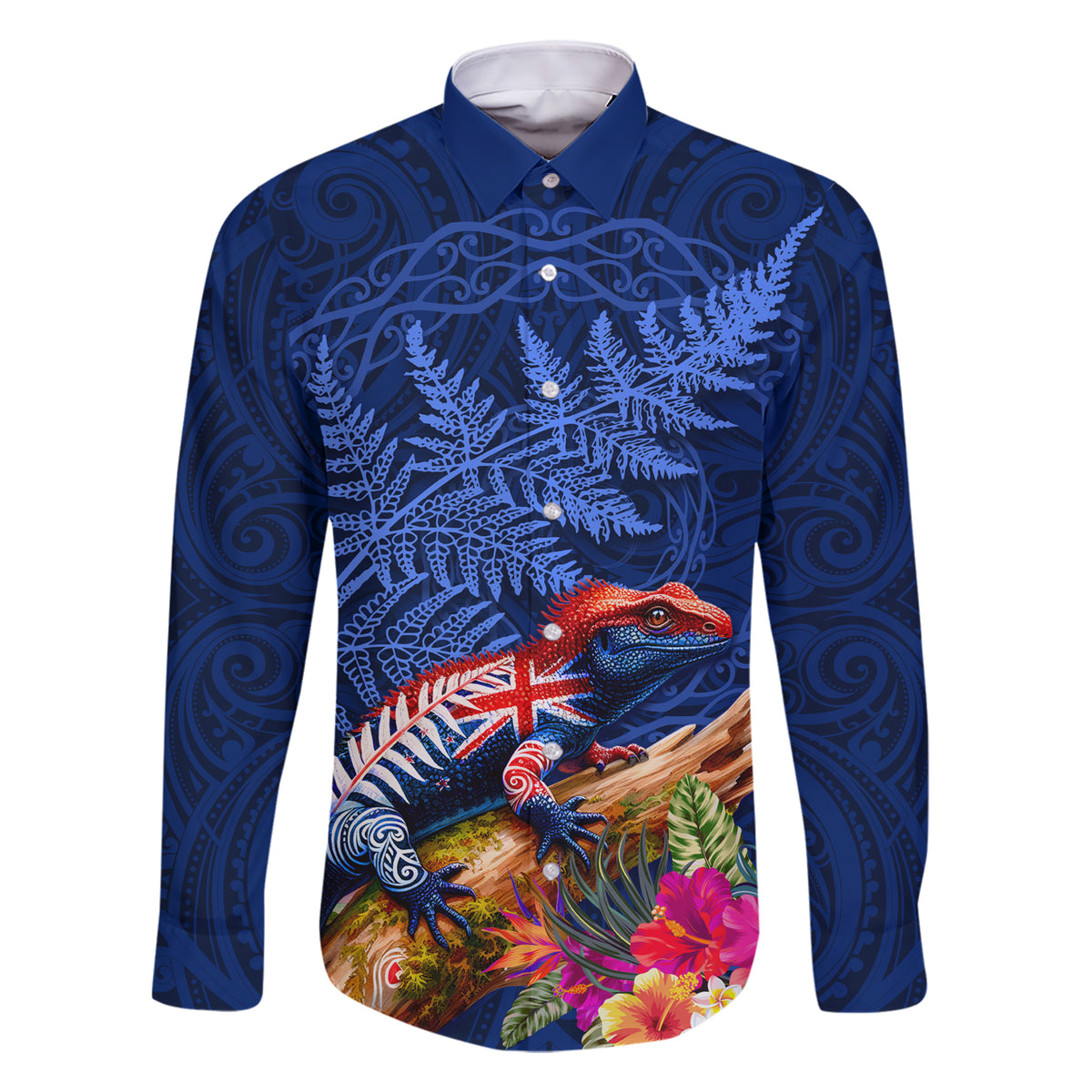 New Zealand Tuatara Family Matching Short Sleeve Bodycon Dress and Hawaiian Shirt Silver Fern Hibiscus and Tribal Maori Pattern Blue Color LT03 Dad's Shirt - Long Sleeve Blue - Polynesian Pride