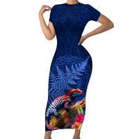 New Zealand Tuatara Family Matching Short Sleeve Bodycon Dress and Hawaiian Shirt Silver Fern Hibiscus and Tribal Maori Pattern Blue Color LT03 Mom's Dress Blue - Polynesian Pride