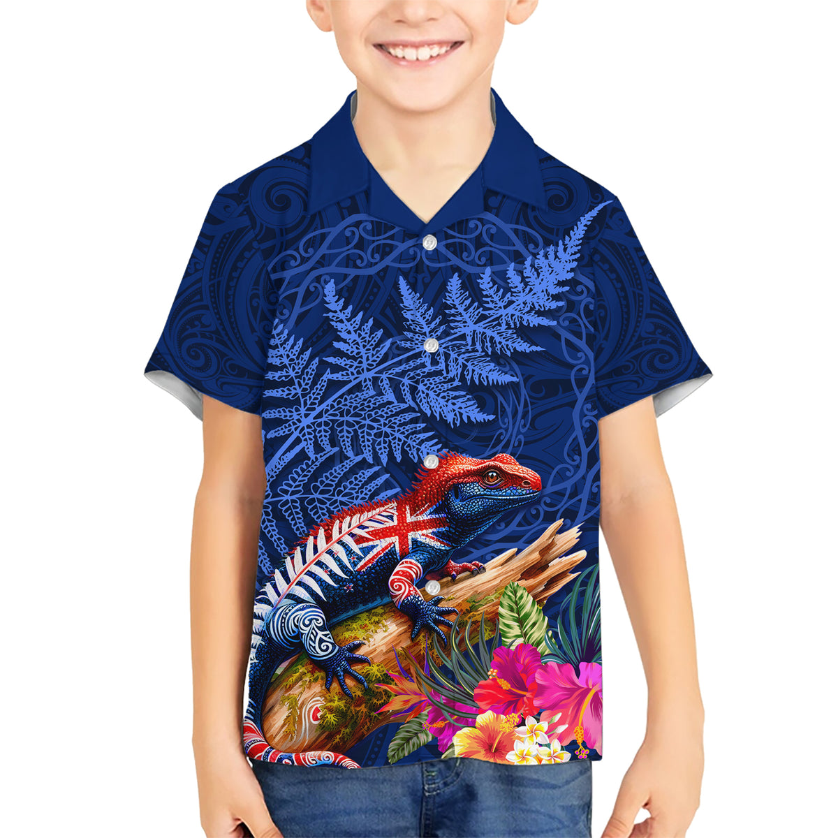 New Zealand Tuatara Family Matching Short Sleeve Bodycon Dress and Hawaiian Shirt Silver Fern Hibiscus and Tribal Maori Pattern Blue Color LT03 Son's Shirt Blue - Polynesian Pride