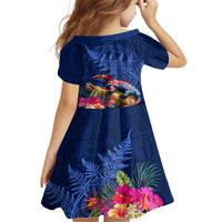 New Zealand Tuatara Family Matching Summer Maxi Dress and Hawaiian Shirt Silver Fern Hibiscus and Tribal Maori Pattern Blue Color LT03 - Polynesian Pride