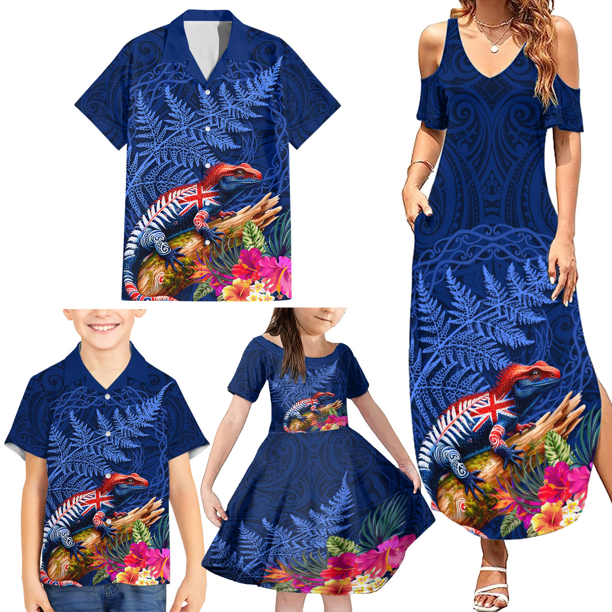 New Zealand Tuatara Family Matching Summer Maxi Dress and Hawaiian Shirt Silver Fern Hibiscus and Tribal Maori Pattern Blue Color LT03 - Polynesian Pride
