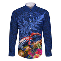New Zealand Tuatara Family Matching Summer Maxi Dress and Hawaiian Shirt Silver Fern Hibiscus and Tribal Maori Pattern Blue Color LT03 Dad's Shirt - Long Sleeve Blue - Polynesian Pride