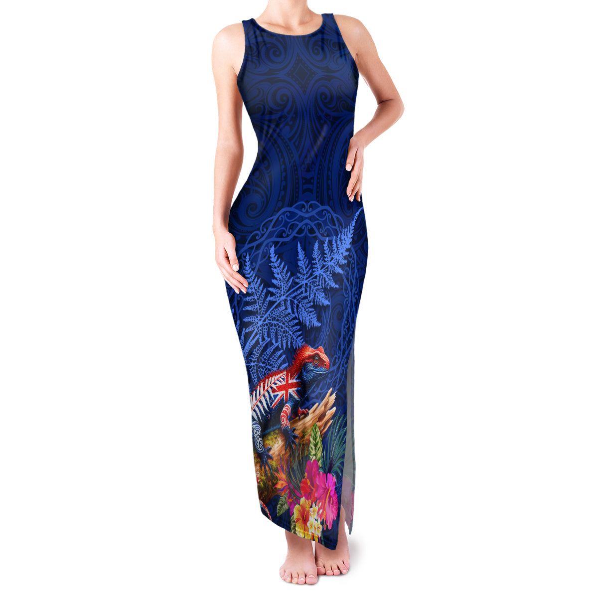 New Zealand Tuatara Family Matching Tank Maxi Dress and Hawaiian Shirt Silver Fern Hibiscus and Tribal Maori Pattern Blue Color LT03 Mom's Dress Blue - Polynesian Pride