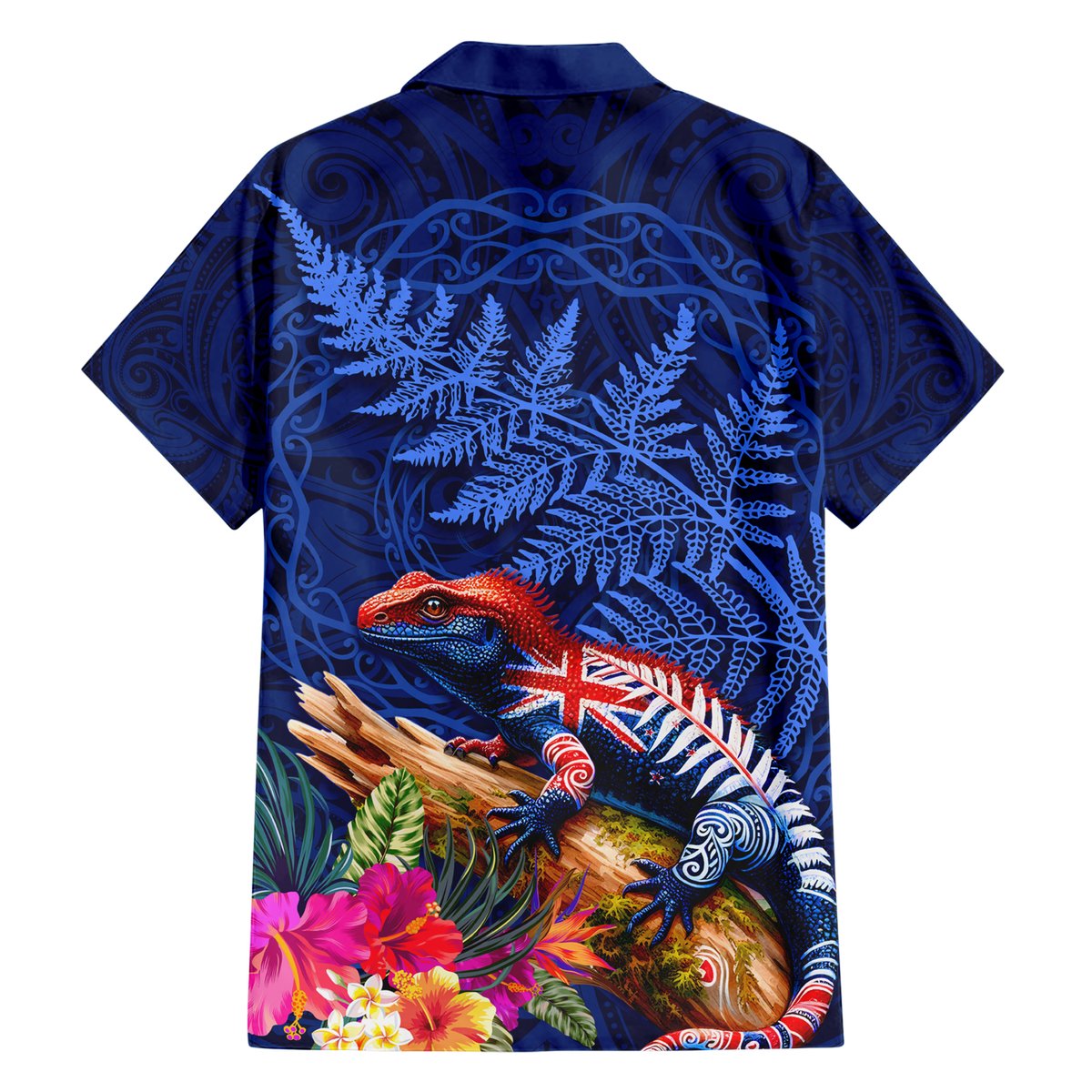 New Zealand Tuatara Hawaiian Shirt Silver Fern Hibiscus and Tribal Maori Pattern Blue Color LT03 - Polynesian Pride