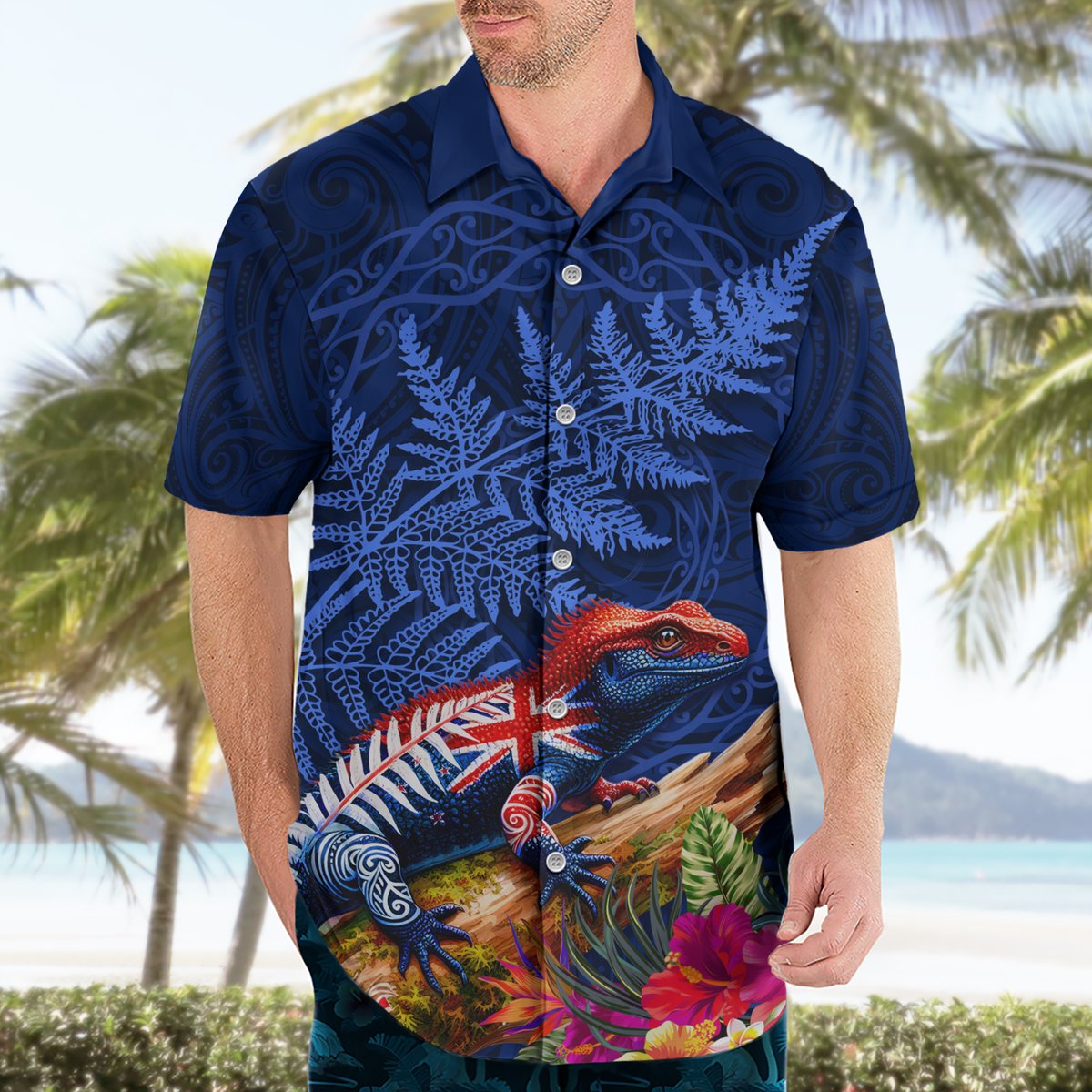 New Zealand Tuatara Hawaiian Shirt Silver Fern Hibiscus and Tribal Maori Pattern Blue Color LT03 - Polynesian Pride