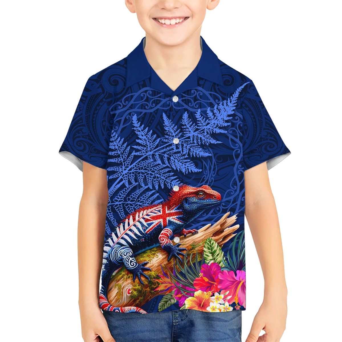 New Zealand Tuatara Hawaiian Shirt Silver Fern Hibiscus and Tribal Maori Pattern Blue Color LT03 - Polynesian Pride