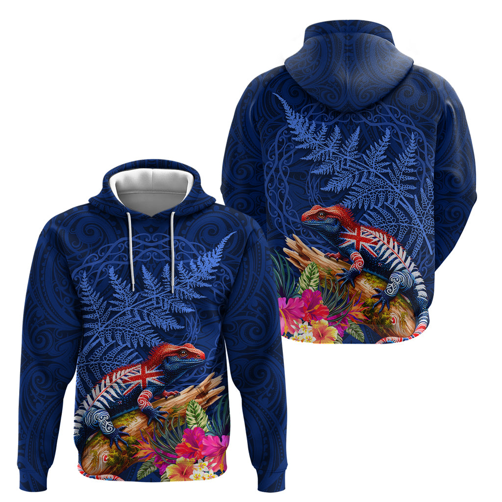 New Zealand Tuatara Hoodie Silver Fern Hibiscus and Tribal Maori Pattern Blue Color LT03 - Polynesian Pride