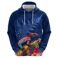 New Zealand Tuatara Hoodie Silver Fern Hibiscus and Tribal Maori Pattern Blue Color LT03 - Polynesian Pride