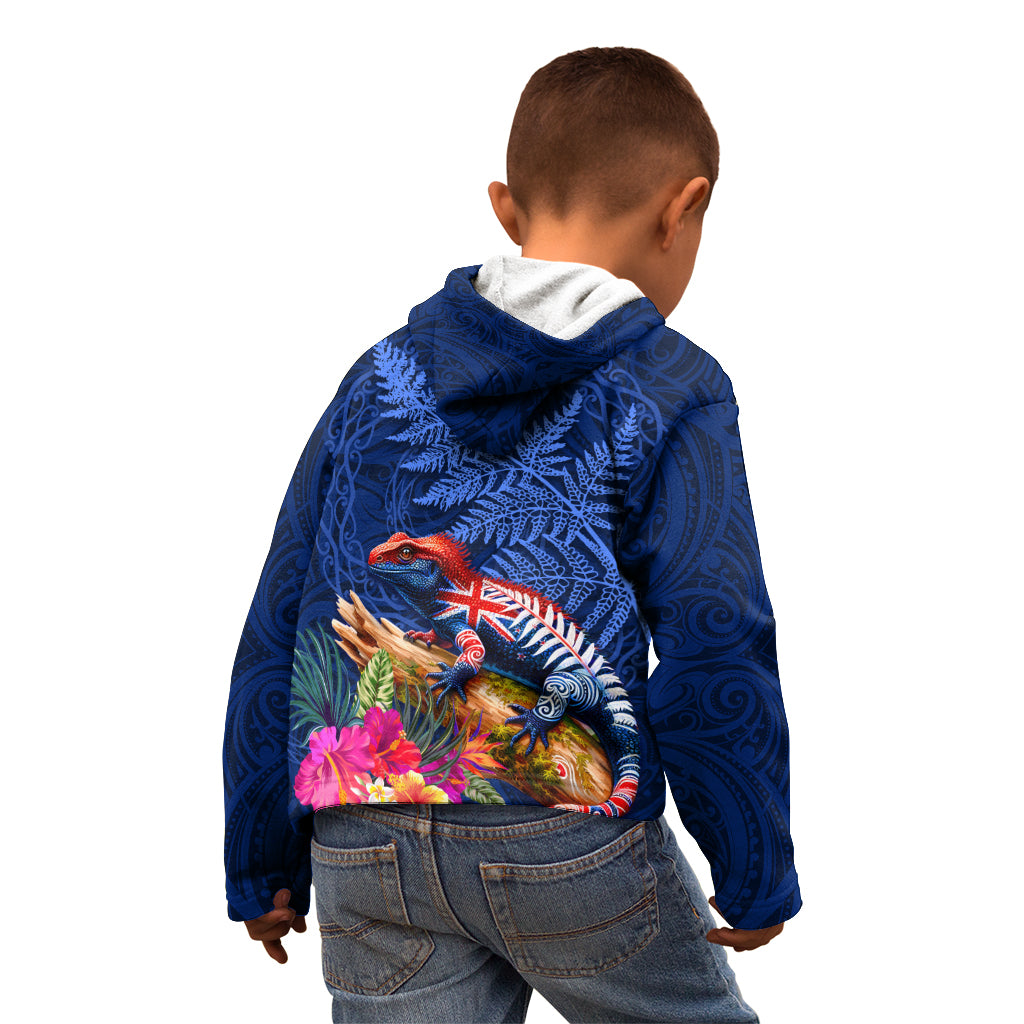 New Zealand Tuatara Kid Hoodie Silver Fern Hibiscus and Tribal Maori Pattern Blue Color LT03 - Polynesian Pride