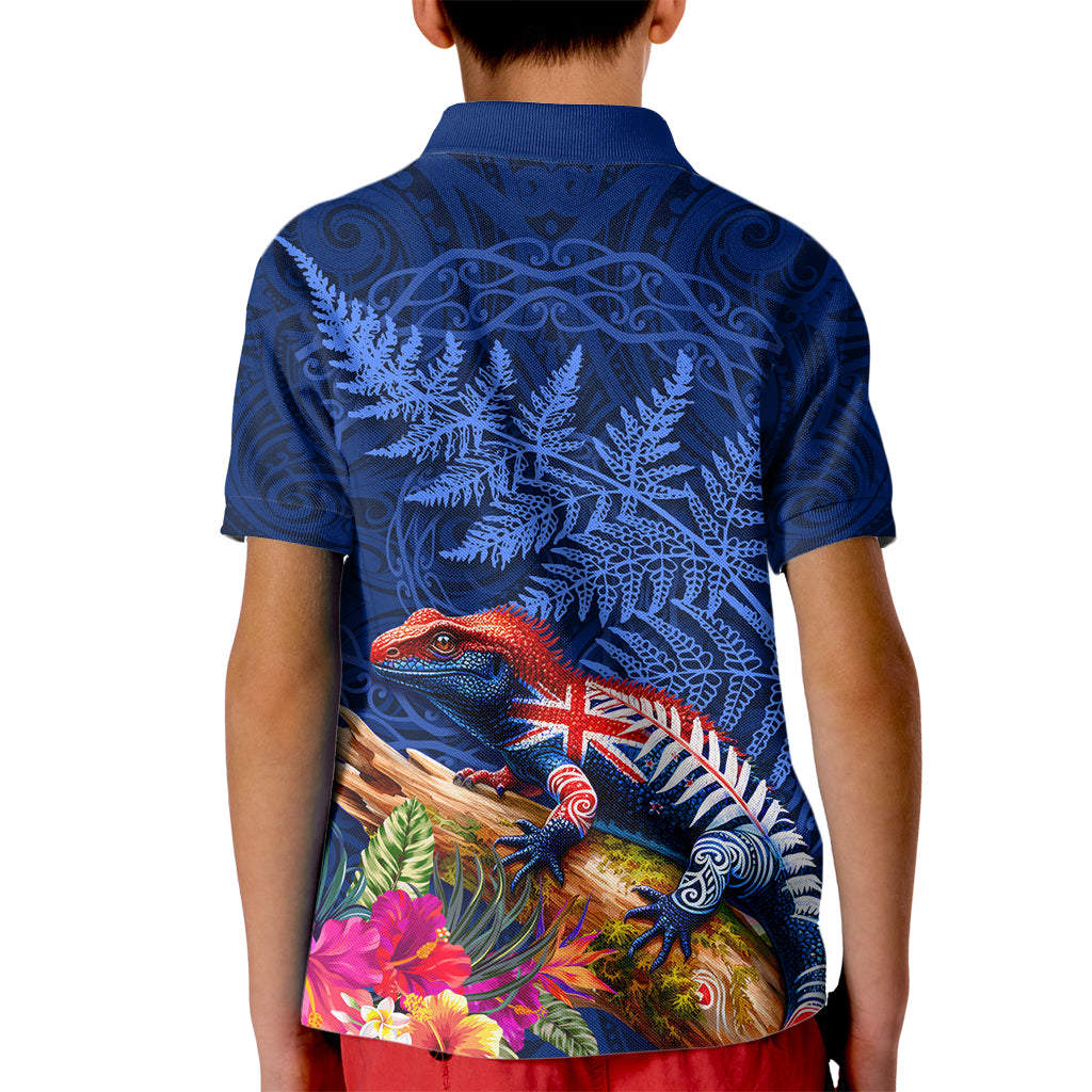 New Zealand Tuatara Kid Polo Shirt Silver Fern Hibiscus and Tribal Maori Pattern Blue Color