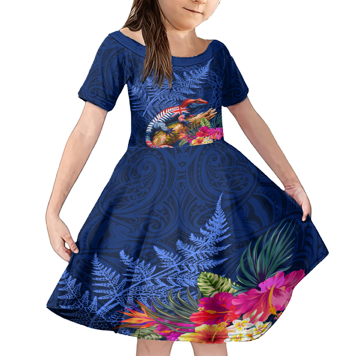 New Zealand Tuatara Kid Short Sleeve Dress Silver Fern Hibiscus and Tribal Maori Pattern Blue Color LT03 KID Blue - Polynesian Pride