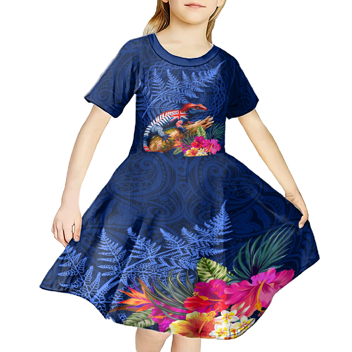 New Zealand Tuatara Kid Short Sleeve Dress Silver Fern Hibiscus and Tribal Maori Pattern Blue Color LT03 - Polynesian Pride