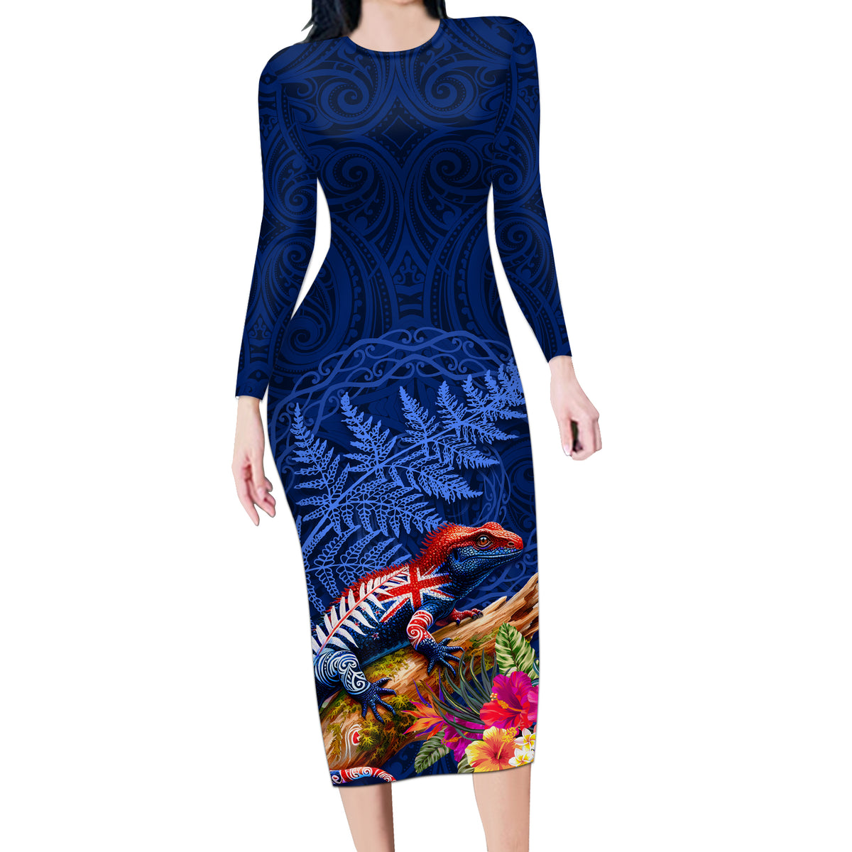 New Zealand Tuatara Long Sleeve Bodycon Dress Silver Fern Hibiscus and Tribal Maori Pattern Blue Color LT03 Long Dress Blue - Polynesian Pride