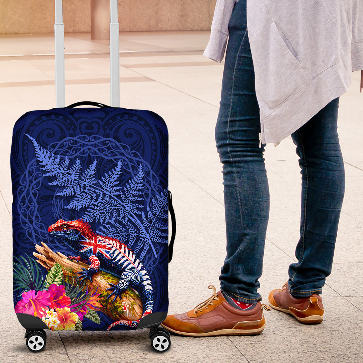 New Zealand Tuatara Luggage Cover Silver Fern Hibiscus and Tribal Maori Pattern Blue Color LT03 Blue - Polynesian Pride