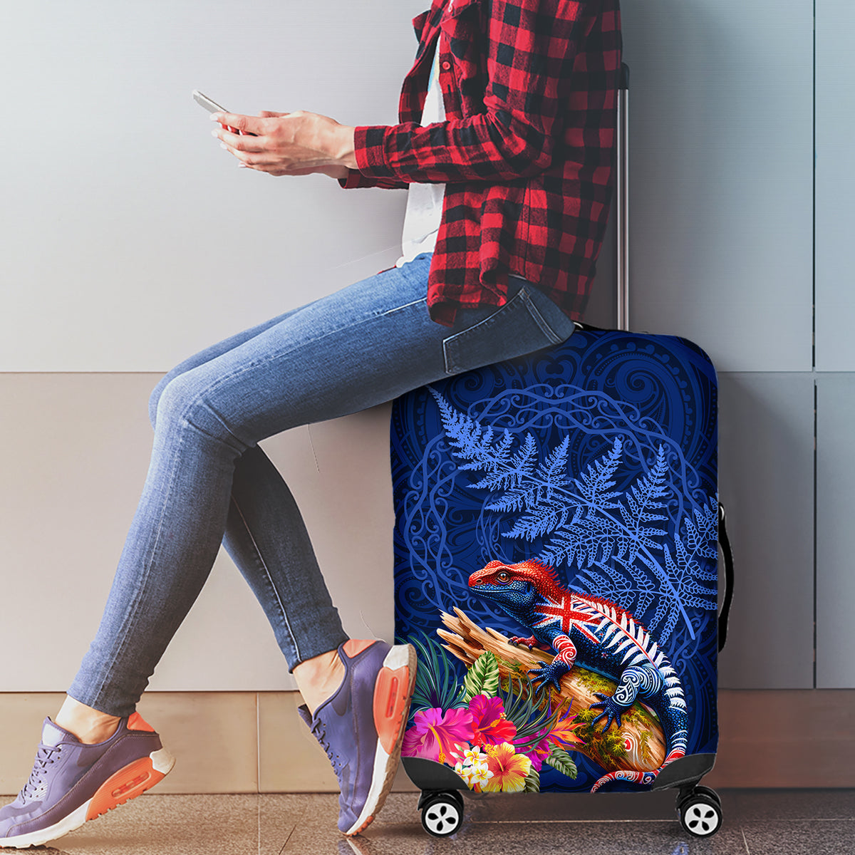 New Zealand Tuatara Luggage Cover Silver Fern Hibiscus and Tribal Maori Pattern Blue Color LT03 - Polynesian Pride