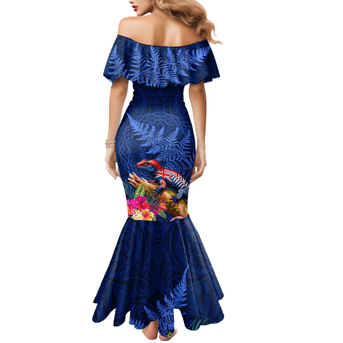 New Zealand Tuatara Mermaid Dress Silver Fern Hibiscus and Tribal Maori Pattern Blue Color LT03 - Polynesian Pride