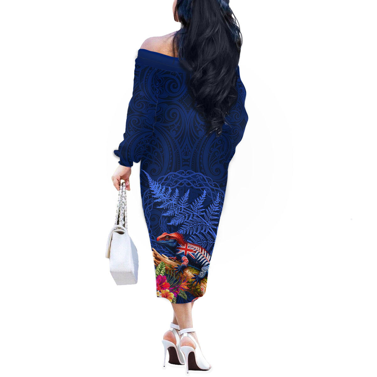 New Zealand Tuatara Off The Shoulder Long Sleeve Dress Silver Fern Hibiscus and Tribal Maori Pattern Blue Color LT03 - Polynesian Pride