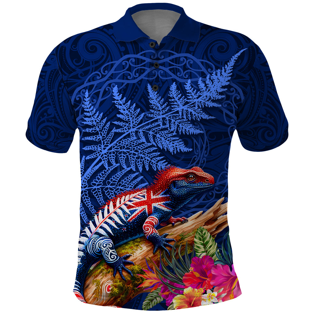 New Zealand Tuatara Polo Shirt Silver Fern Hibiscus and Tribal Maori Pattern Blue Color LT03 Blue - Polynesian Pride