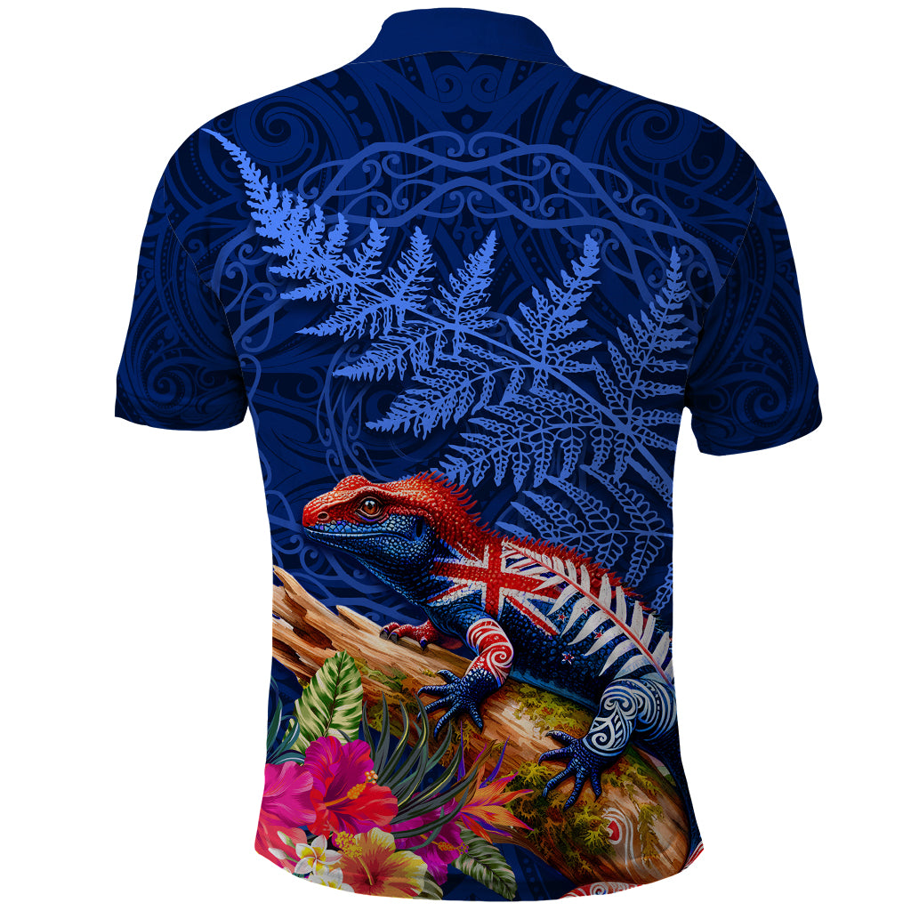 New Zealand Tuatara Polo Shirt Silver Fern Hibiscus and Tribal Maori Pattern Blue Color LT03 - Polynesian Pride