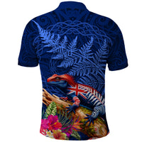 New Zealand Tuatara Polo Shirt Silver Fern Hibiscus and Tribal Maori Pattern Blue Color LT03 - Polynesian Pride