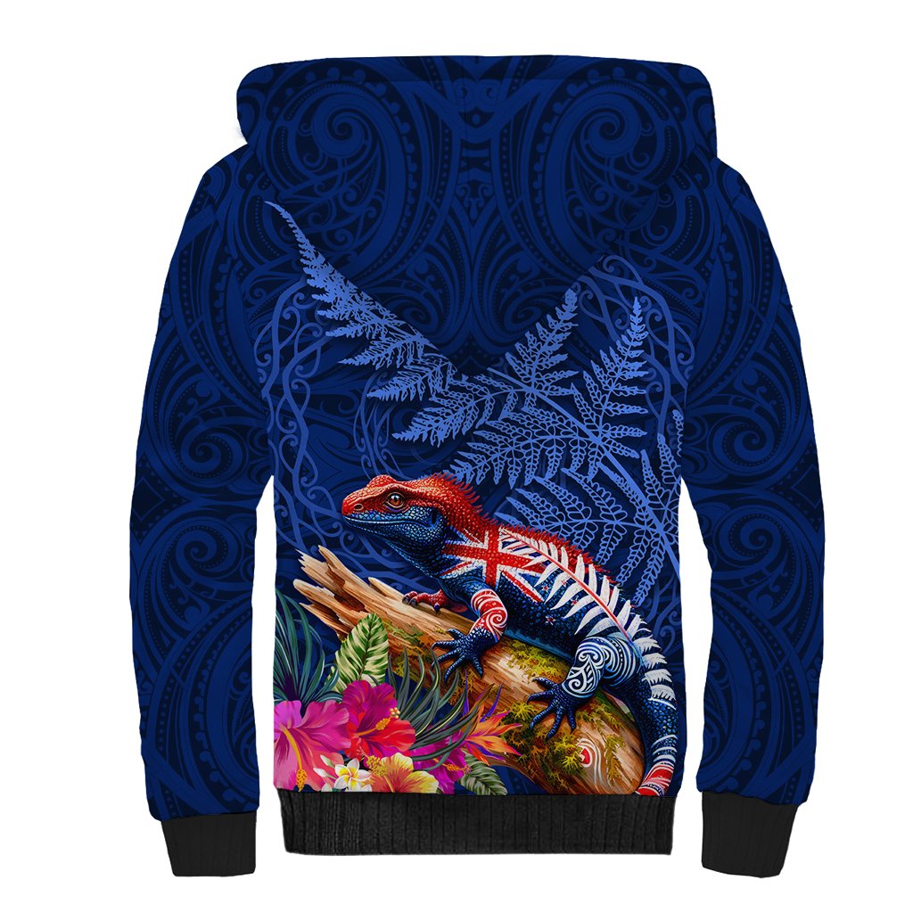 New Zealand Tuatara Sherpa Hoodie Silver Fern Hibiscus and Tribal Maori Pattern Blue Color LT03 - Polynesian Pride
