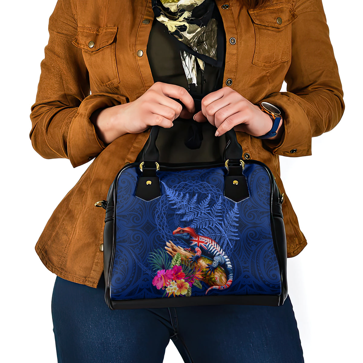 New Zealand Tuatara Shoulder Handbag Silver Fern Hibiscus and Tribal Maori Pattern Blue Color