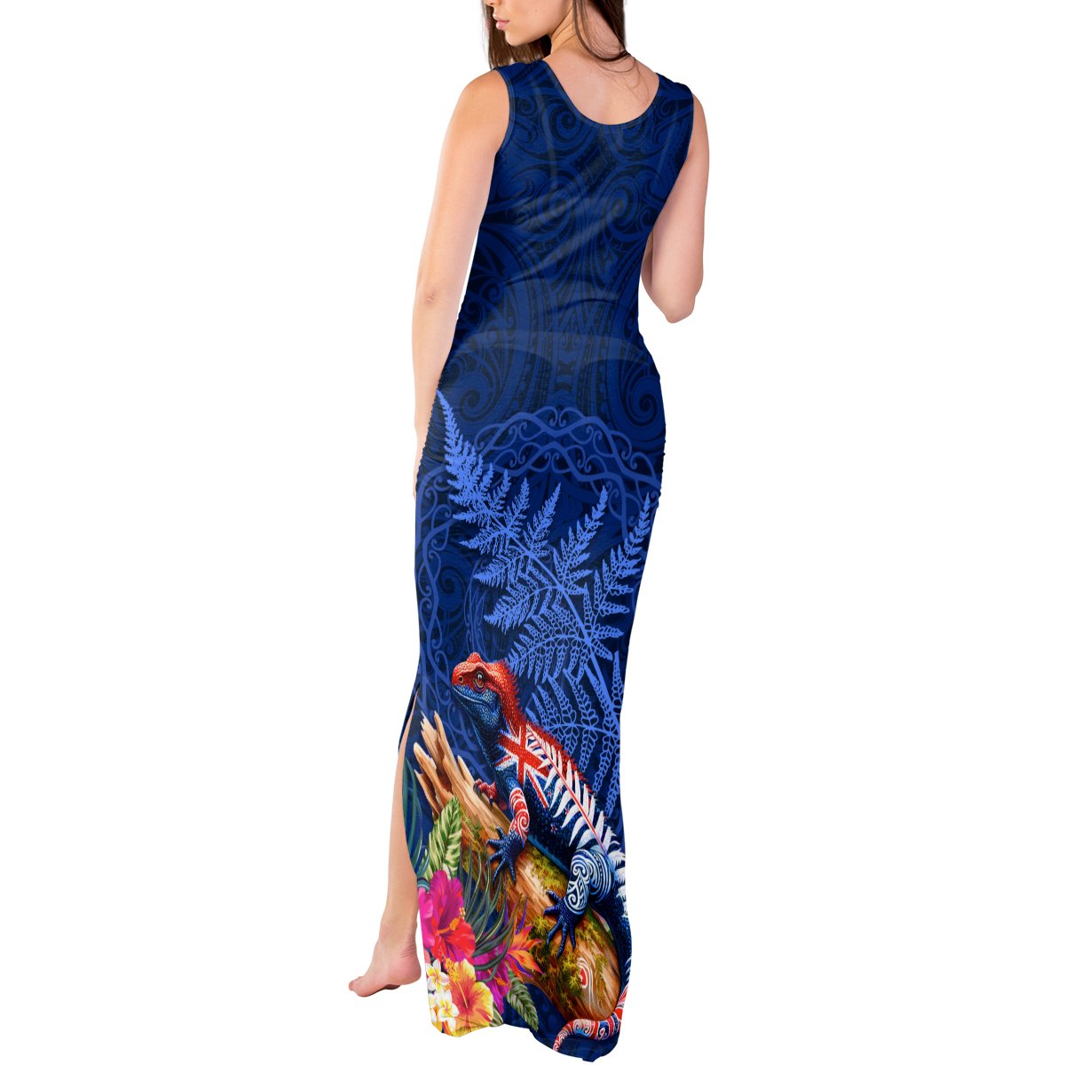New Zealand Tuatara Tank Maxi Dress Silver Fern Hibiscus and Tribal Maori Pattern Blue Color LT03 - Polynesian Pride