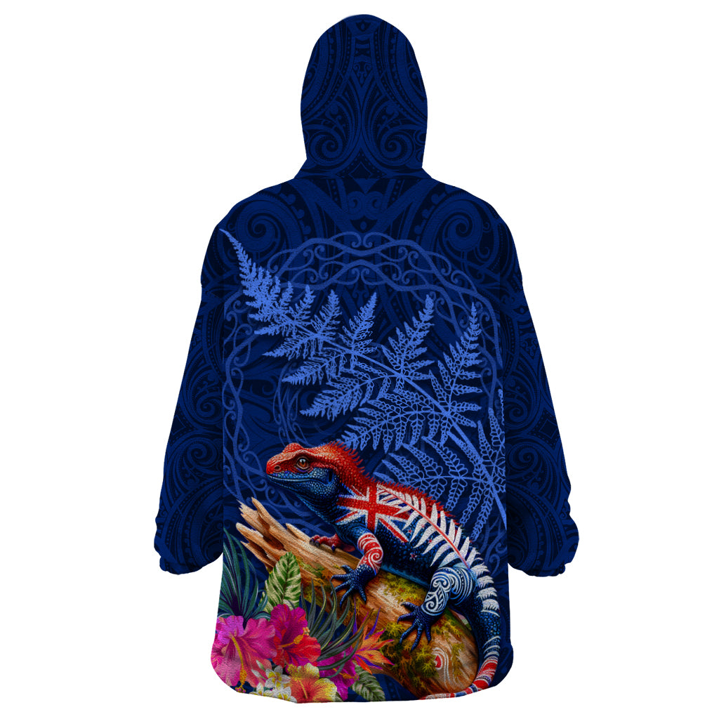 New Zealand Tuatara Wearable Blanket Hoodie Silver Fern Hibiscus and Tribal Maori Pattern Blue Color LT03 - Polynesian Pride