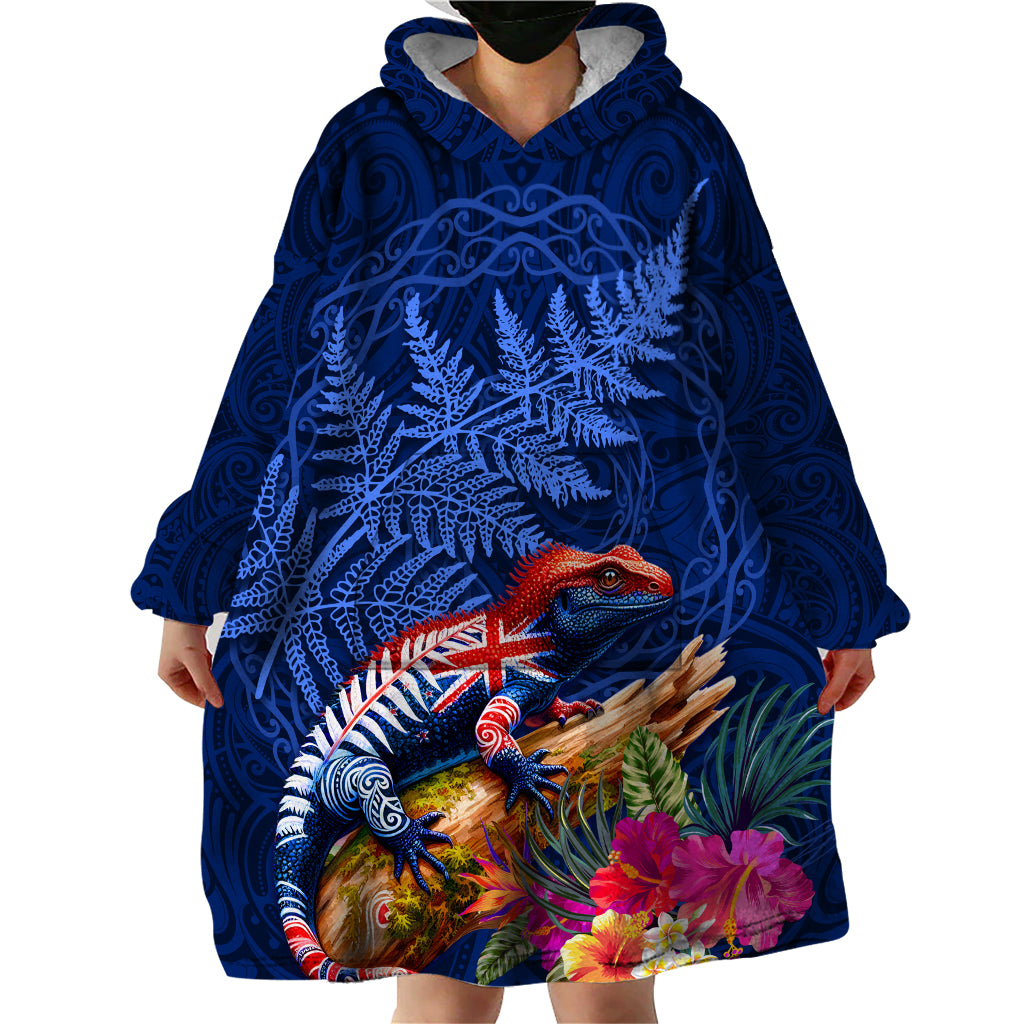 New Zealand Tuatara Wearable Blanket Hoodie Silver Fern Hibiscus and Tribal Maori Pattern Blue Color LT03 - Polynesian Pride