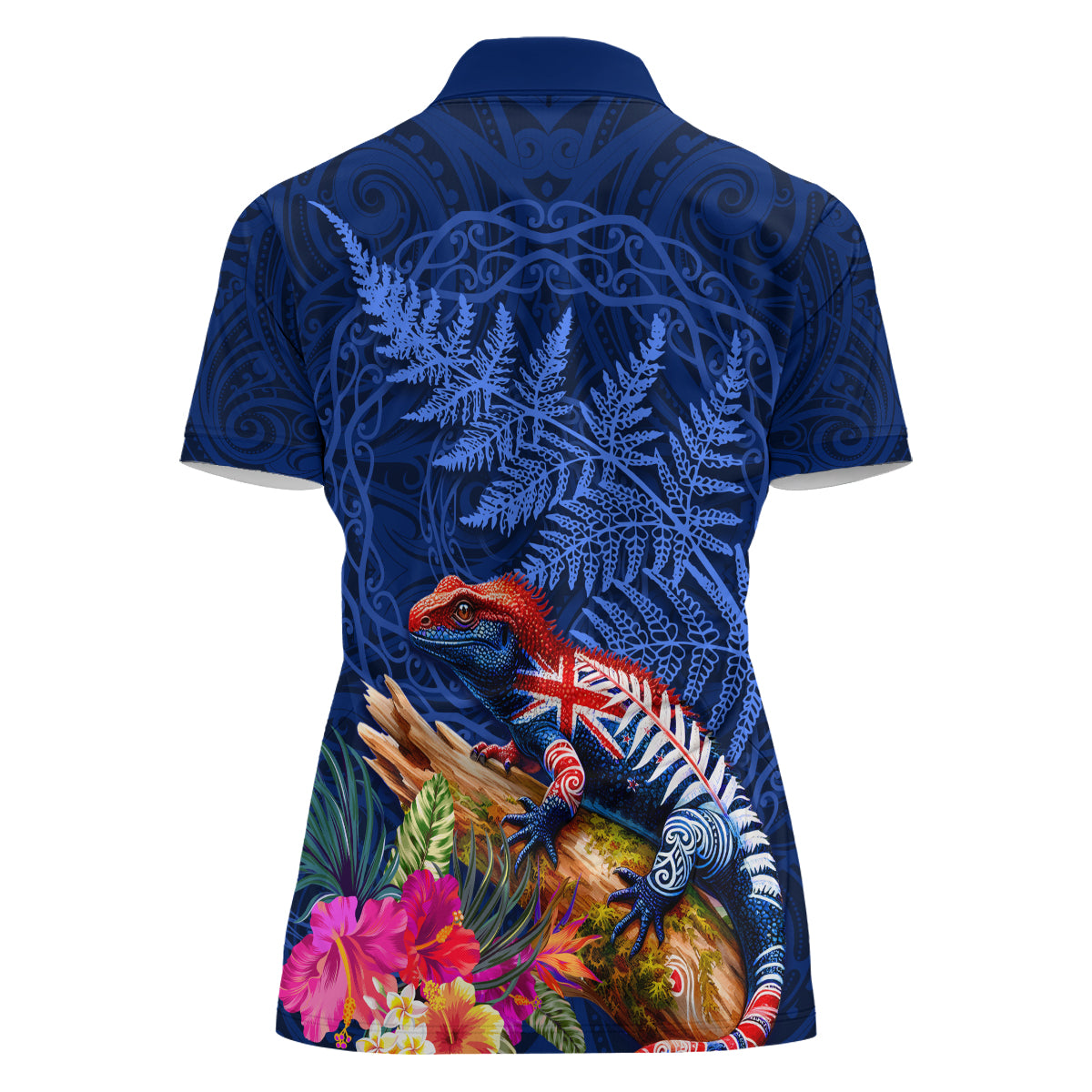 New Zealand Tuatara Women Polo Shirt Silver Fern Hibiscus and Tribal Maori Pattern Blue Color LT03 - Polynesian Pride